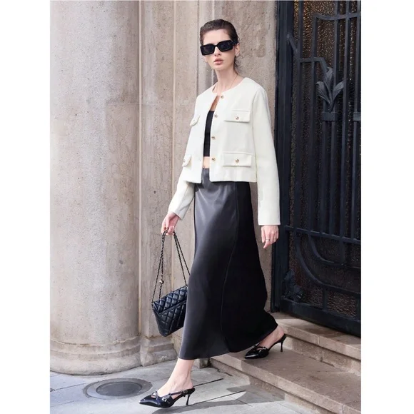 Black Satin A-Line Skirt High Waisted Long - Picture 10 of 14